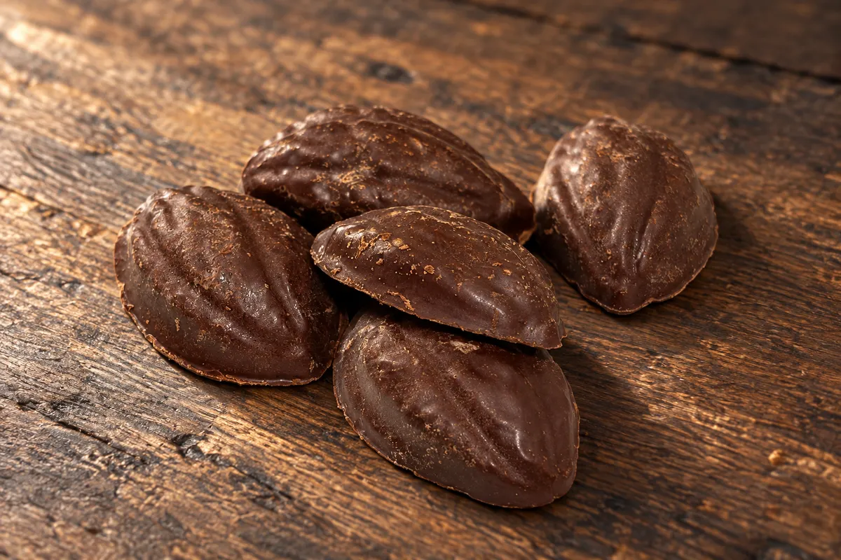 Piezas de cacao sobre una mesa de madera rústica