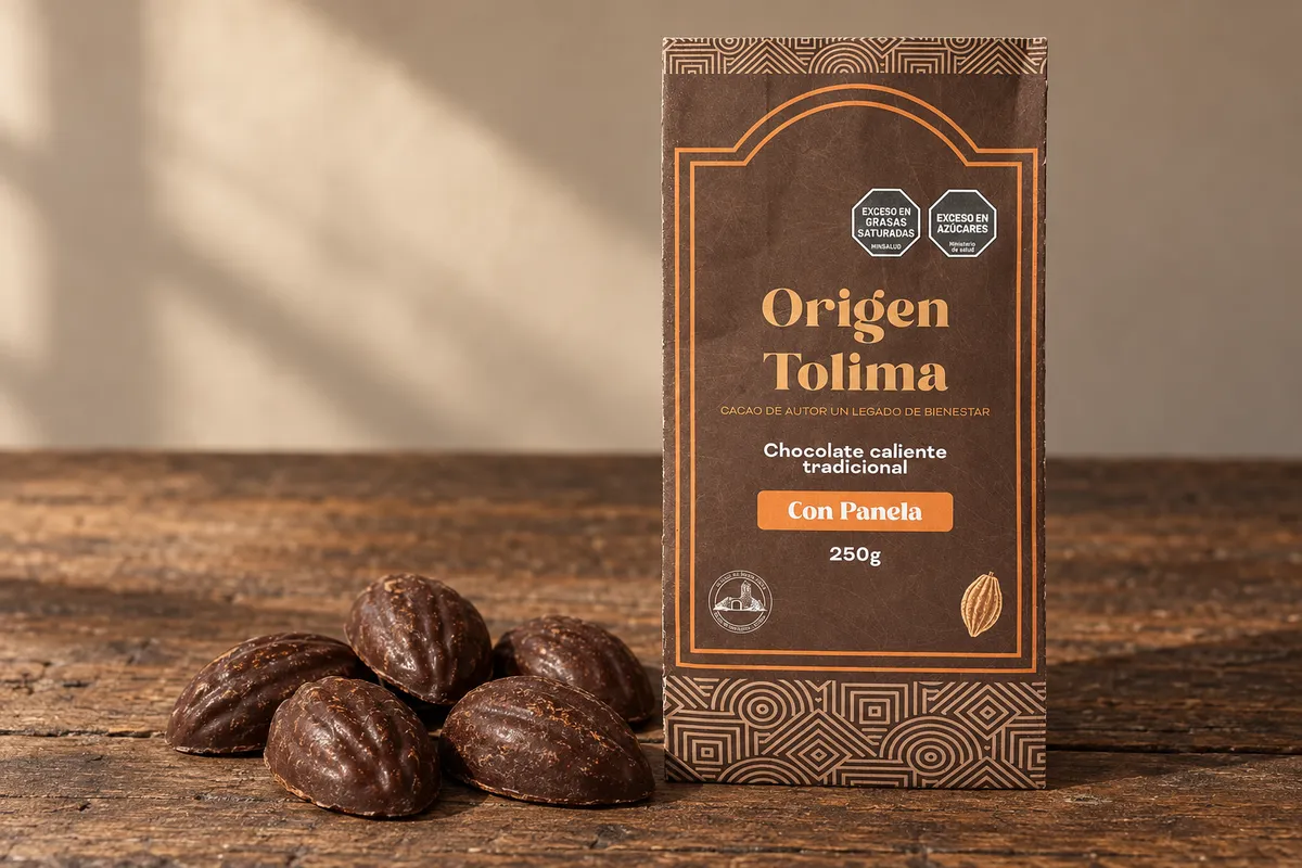 Empaque de Origen Tolima con panela junto a piezas de cacao sobre madera rústica